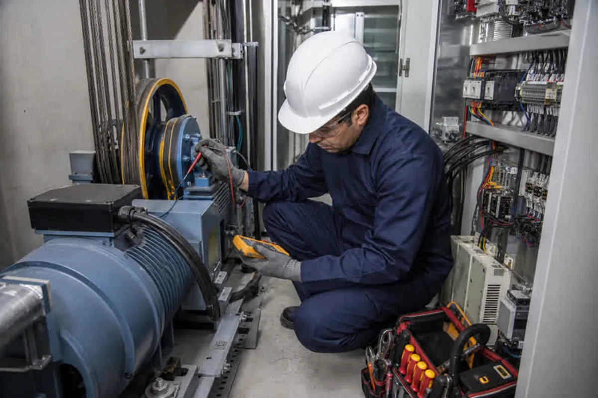 Técnico realizando manutenção corretiva em elevador