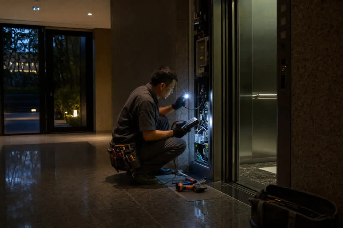 Técnico fazendo conserto emergencial de elevador parado em atendimento noturno