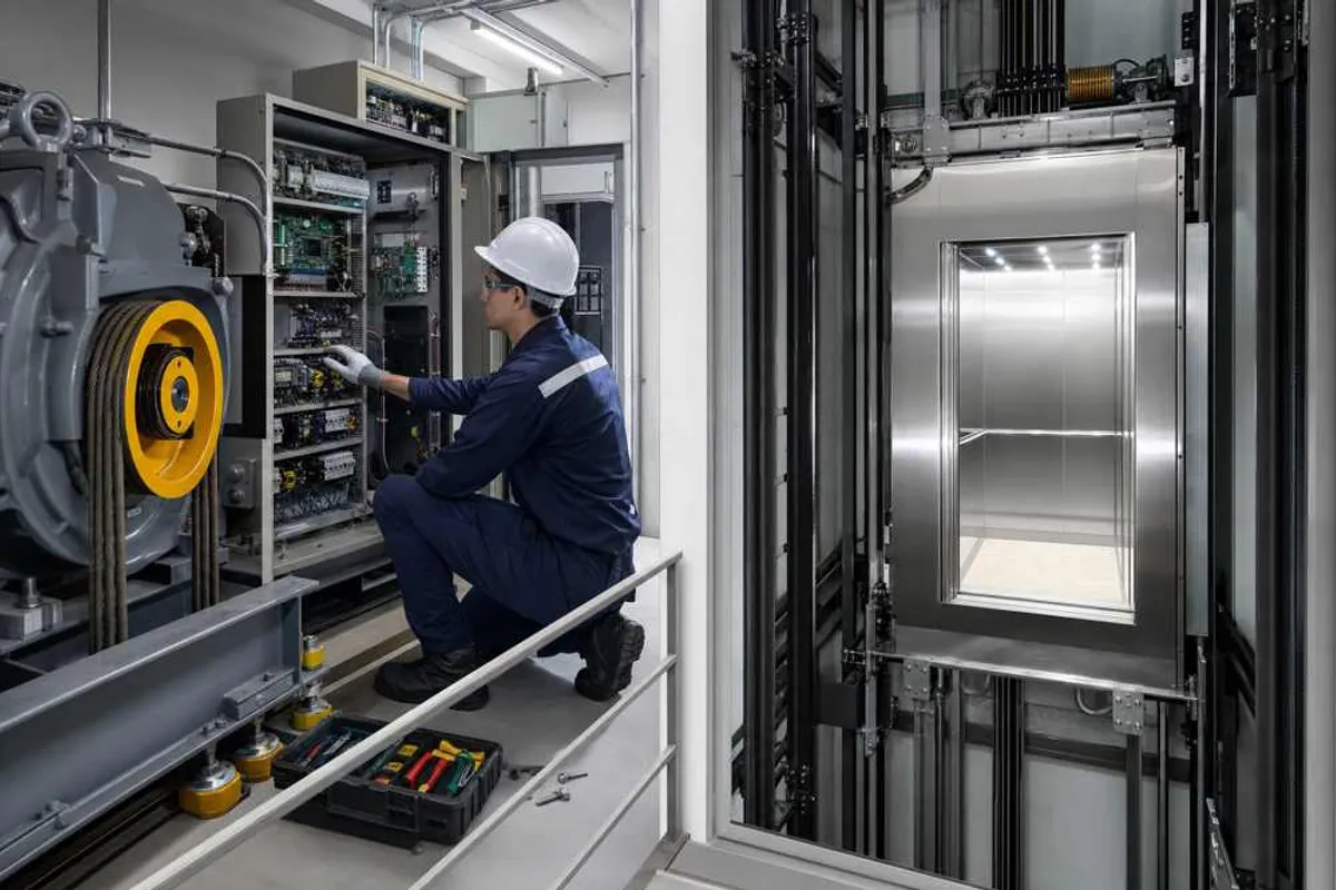 Técnico modernizando o sistema de controle e motor de tração de elevador no Cambuci