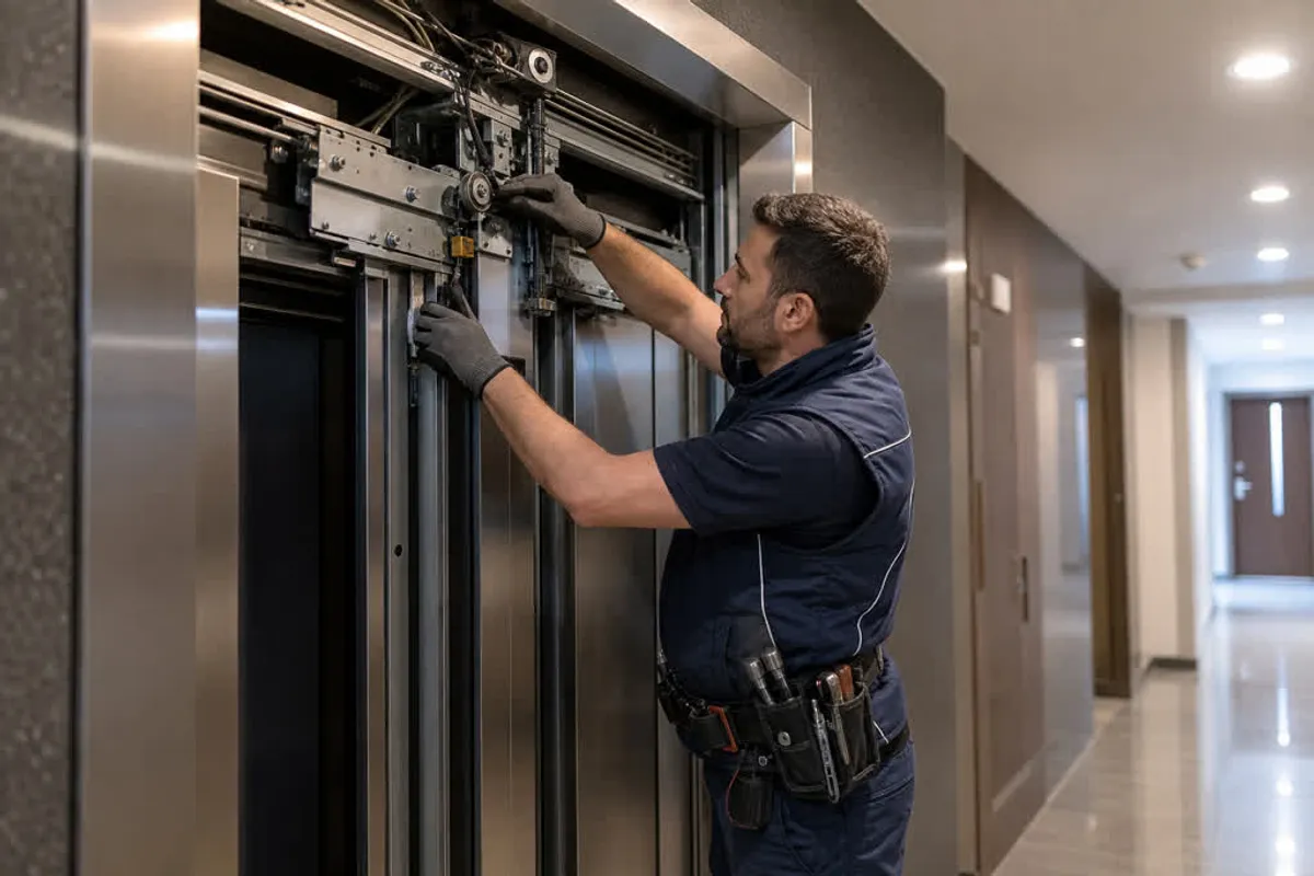 Técnico ajustando e trocando portas automáticas de elevador em prédio no Cambuci