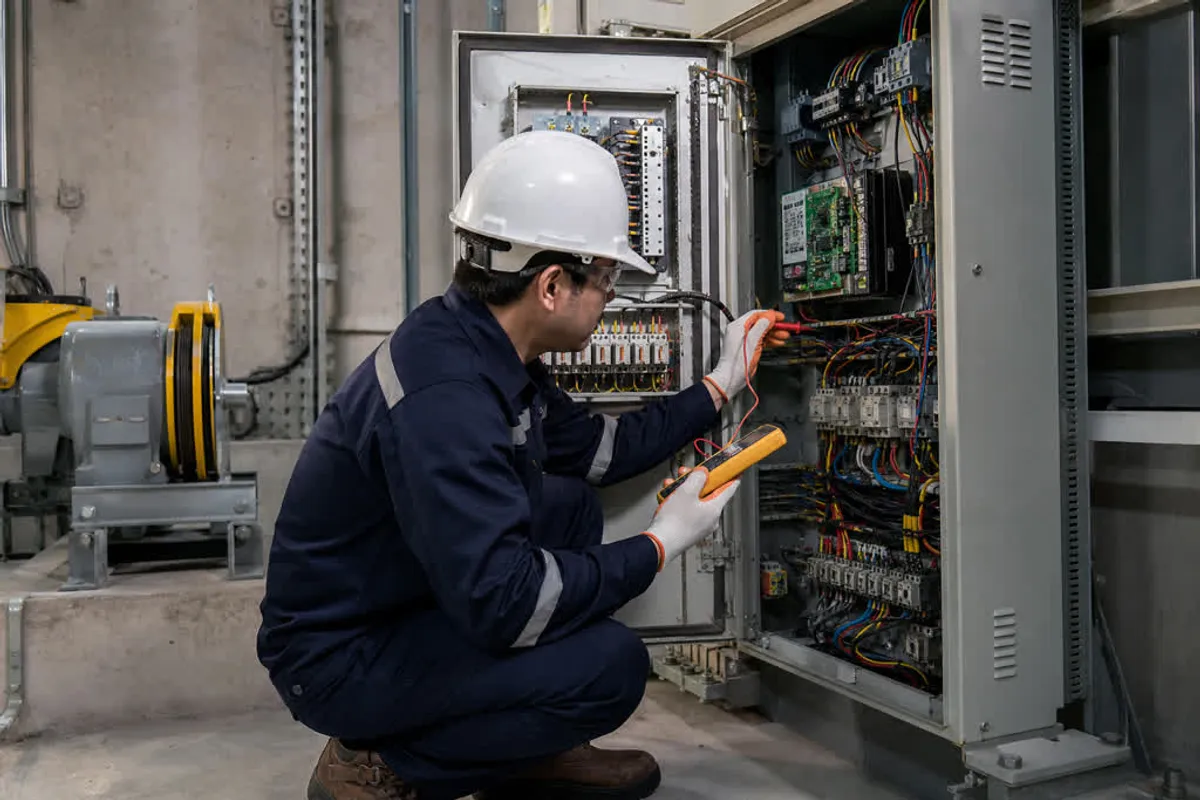 Técnico reparando o quadro de comando elétrico de elevador na casa de máquinas no Cambuci