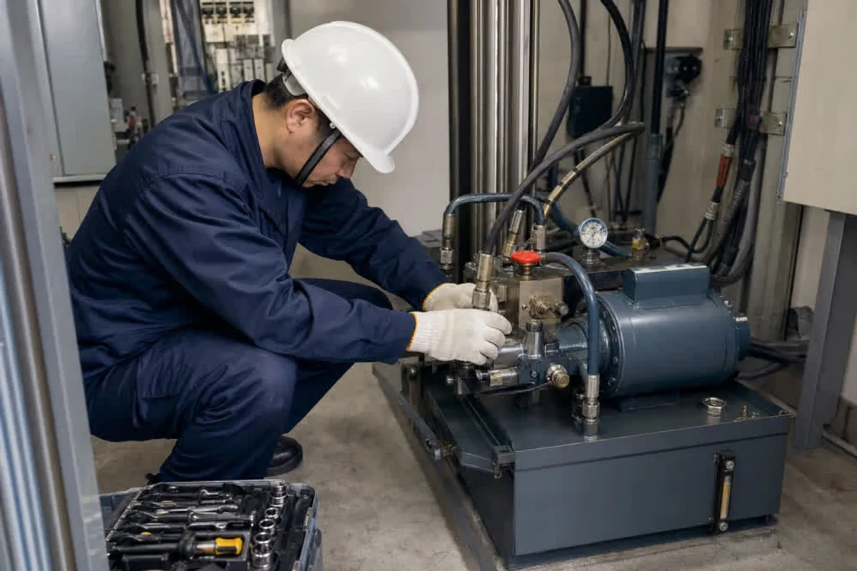 Técnico realizando manutenção na unidade hidráulica de um elevador no Cambuci