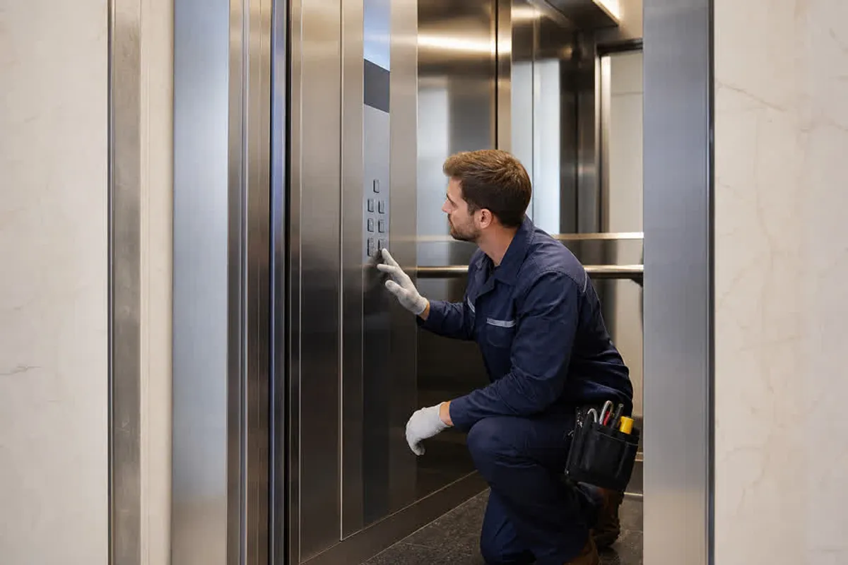 Técnico fazendo manutenção de elevador residencial em prédio no Cambuci