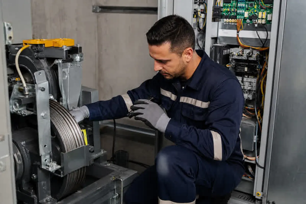 Tecnico realizando manutencao em elevador comercial na casa de maquinas