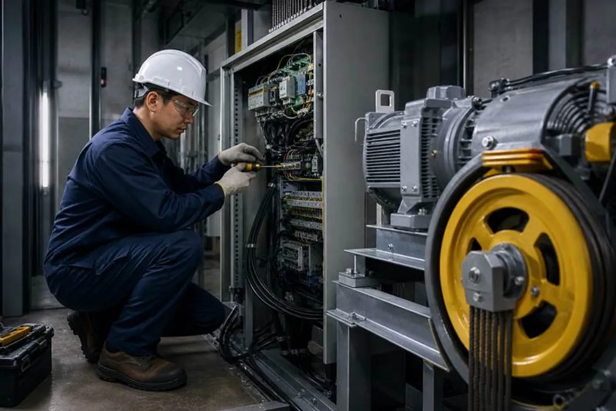 Técnico de elevador realizando atendimento emergencial na casa de máquinas em Cambuci