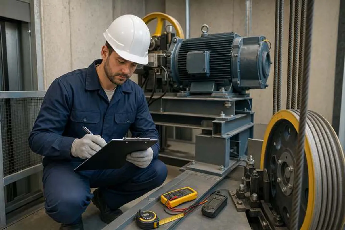 Técnico realizando laudo técnico e inspeção na casa de máquinas de elevador no Cambuci