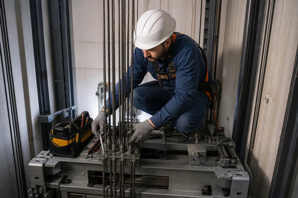 Técnico realizando manutenção de elevador em prédio na Liberdade