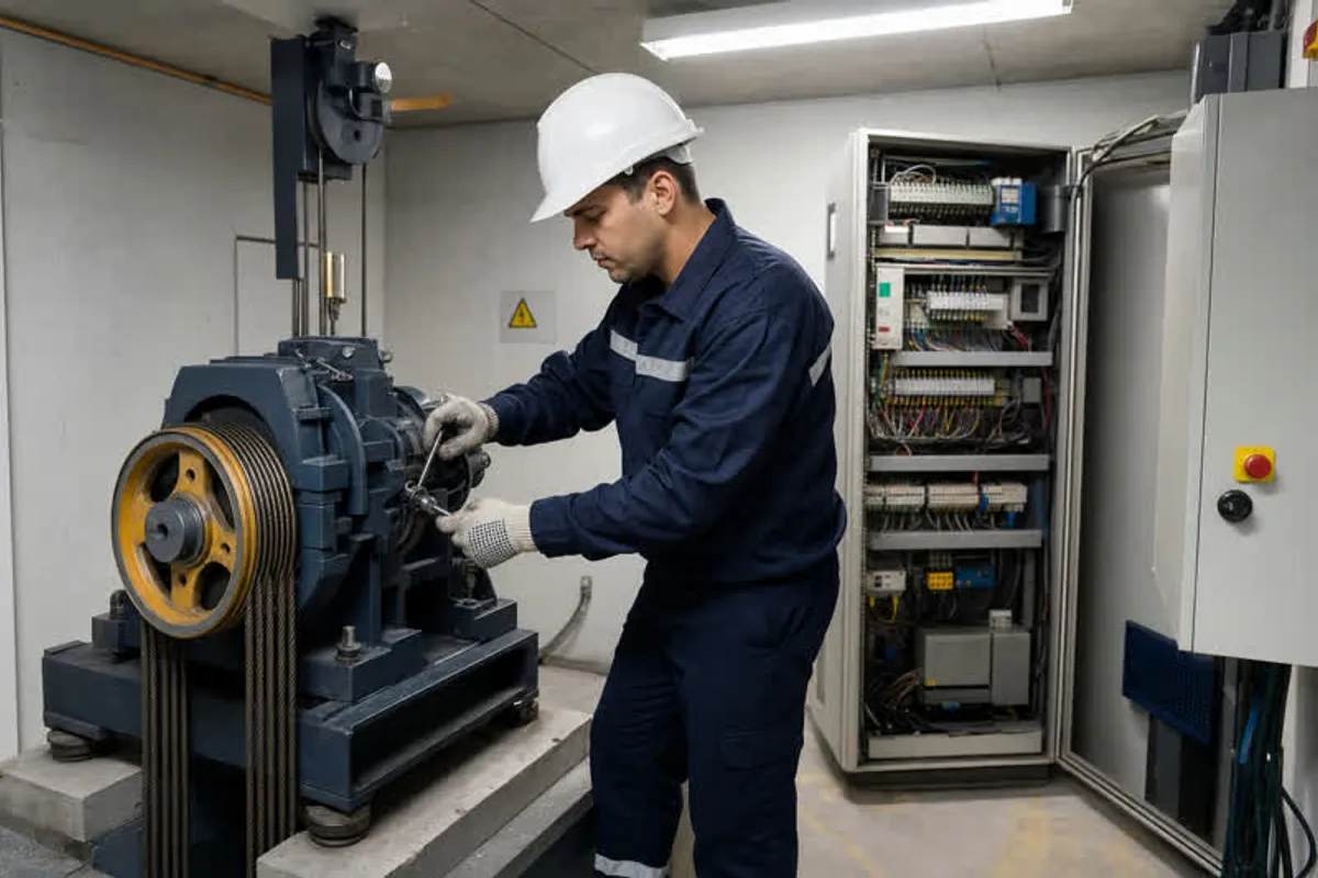 Técnico de manutenção de elevadores inspecionando o motor e cabos de tração na casa de máquinas, na Vila Monumento