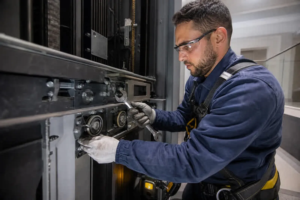 Técnico realizando manutenção no mecanismo de portas e roldanas de elevador na Mooca