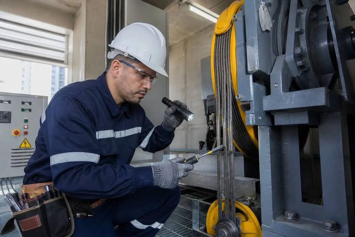 Técnico realizando manutenção do motor e cabos de elevador em casa de máquinas na Sé, São Paulo