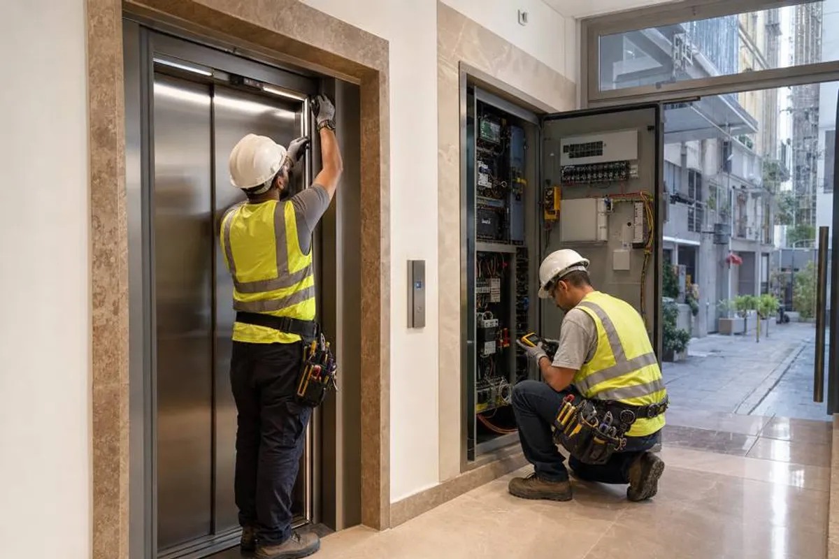 Técnicos fazendo manutenção de portas e painel de controle de elevador em prédio na Bela Vista, São Paulo