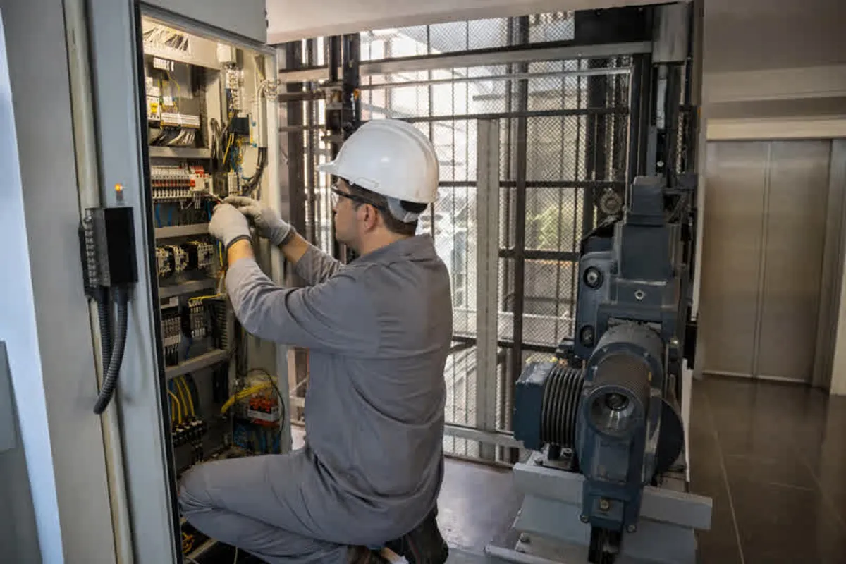 Técnico realizando manutenção preventiva em elevador no Brás