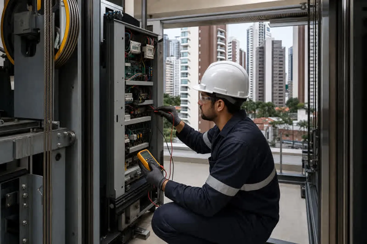 Técnico realizando manutenção de elevador no Paraíso