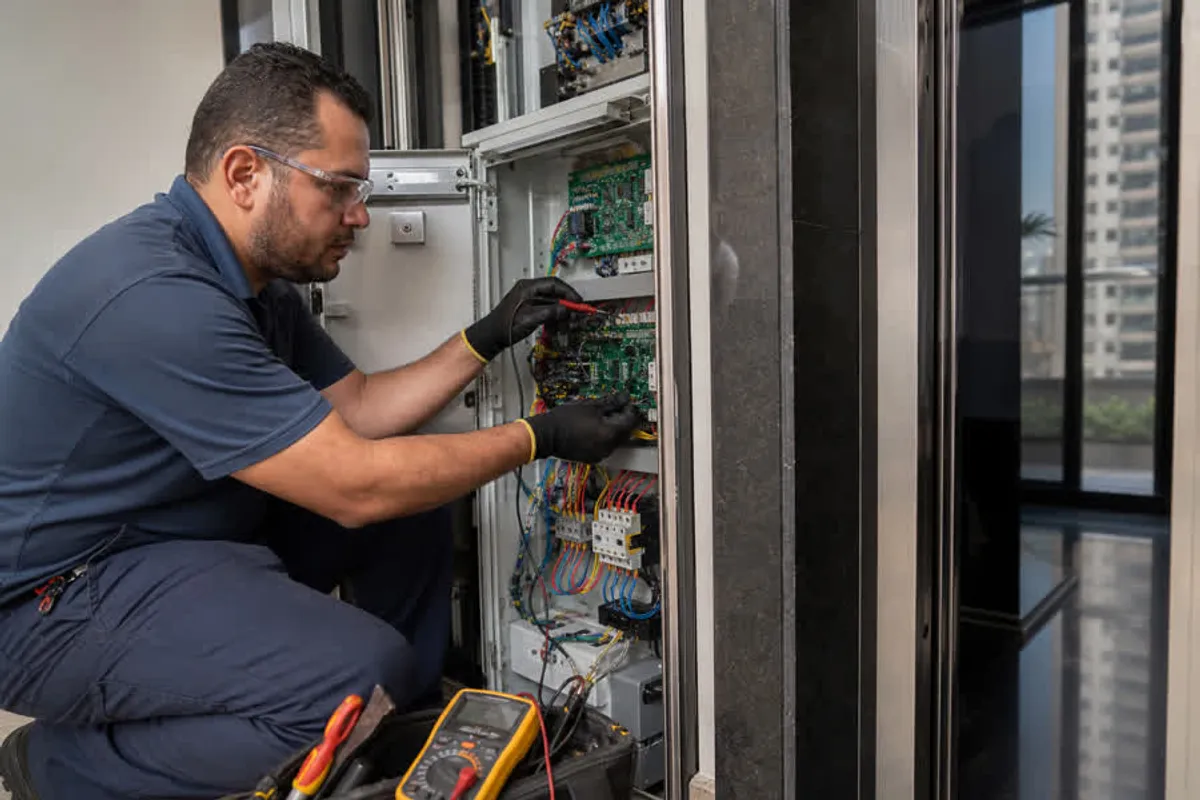 Técnico realizando manutenção preventiva em elevador residencial na Vila Mariana