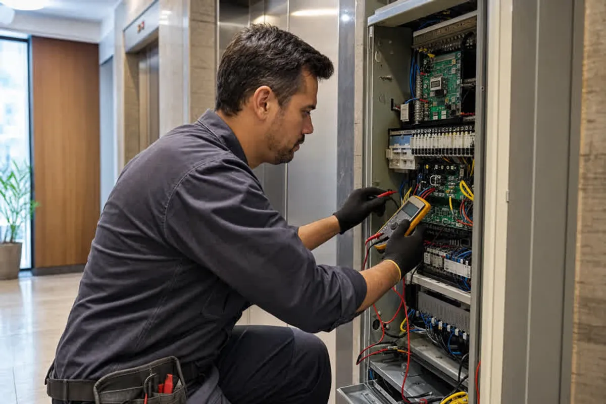 Técnico realizando manutenção em elevador de condomínio no Jardim da Glória
