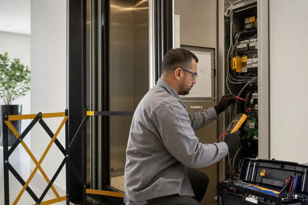Técnico fazendo manutenção em elevador na Chácara Klabin