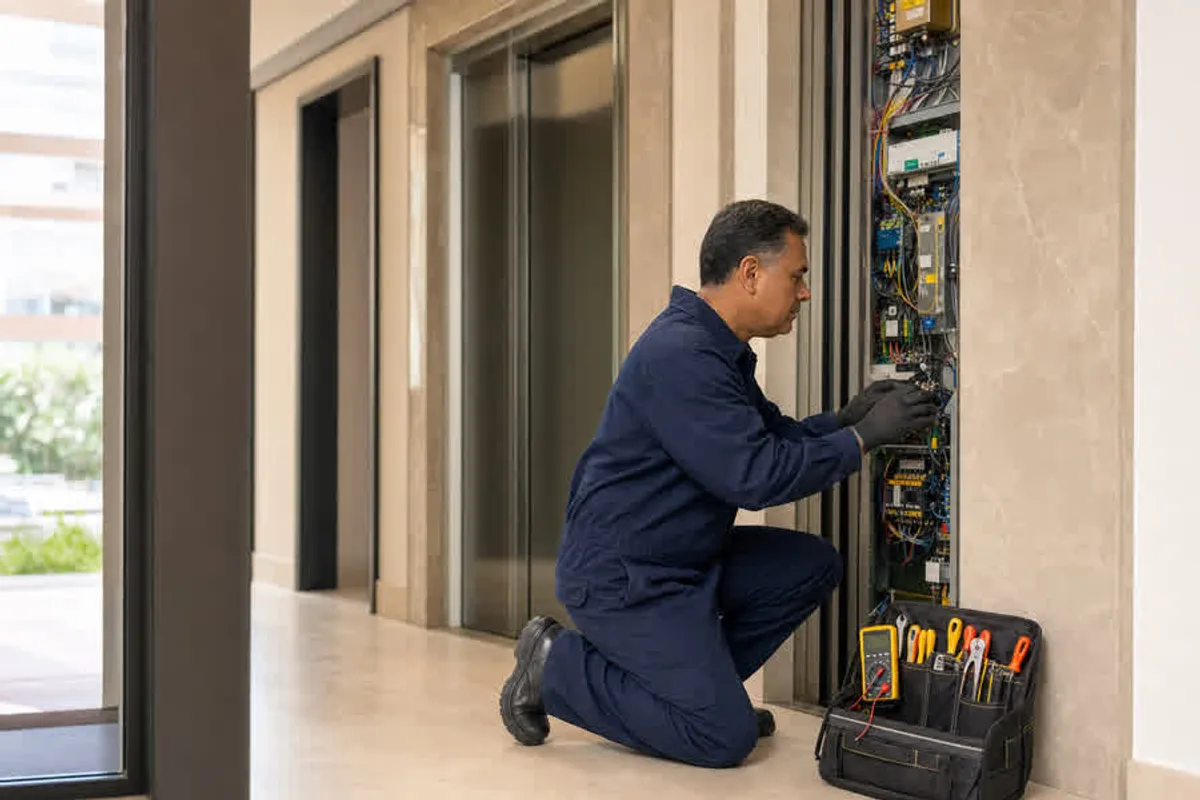 Técnico realizando manutenção de elevador em prédio residencial na Vila Prudente