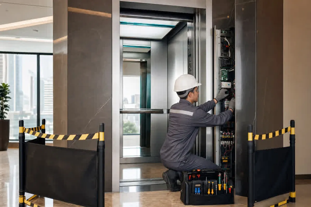Técnico realizando manutenção preventiva em elevador na Consolação